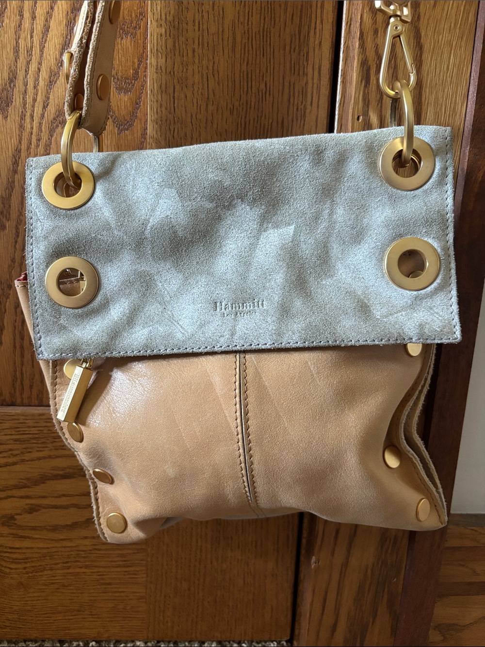 Hammitt Two-Tone Taupe Leather and Light Gray Suede Crossbody